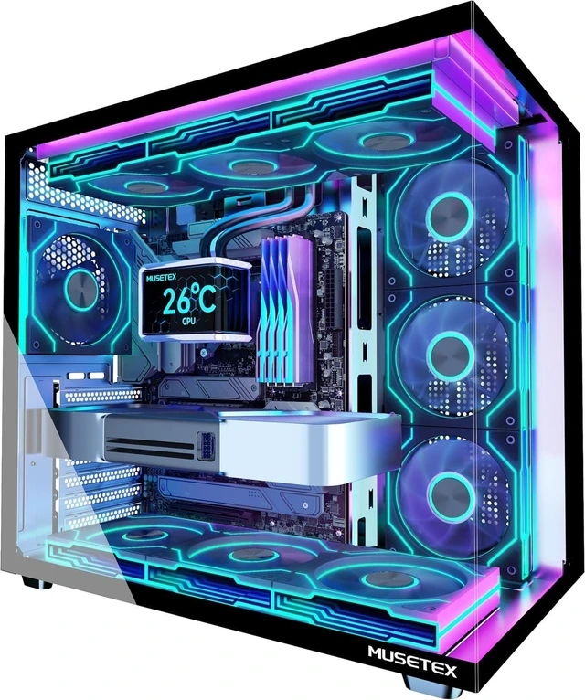Main image of Y6 ATX Mid-Tower Gaming PC Case 7 Infinity Mirror PWM ARGB Fans Pre-Installed, Type-C, 270° Full-View Tempered Glass (Black)