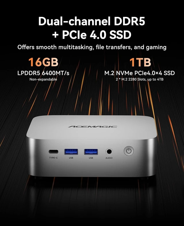 Alt view image 5 of 7 - W1 Gaming Mini PC Ryzen 7 H 255 (Up to 4.9GHz, 8C/16T), Radeon 780M Graphics, 16GB RAM, 1TB PCIe4.0 SSD for Content Creation, Programming, Gaming & Home Office