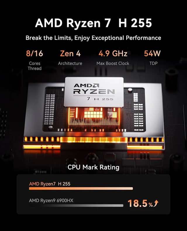 Alt view image 4 of 7 - W1 Gaming Mini PC Ryzen 7 H 255 (Up to 4.9GHz, 8C/16T), Radeon 780M Graphics, 16GB RAM, 1TB PCIe4.0 SSD for Content Creation, Programming, Gaming & Home Office