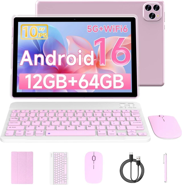 Main image of 10" Android 16 2-in-1 Tablet 12GB RAM + 64GB ROM/1TB Expandable, 1280 * 800 HD Touch Screen, 5G WiFi6, BT 5.0, Keyboard Case Mouse Stylus (Pink)