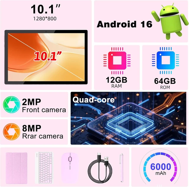 Alt view image 2 of 7 - 10" Android 16 2-in-1 Tablet 12GB RAM + 64GB ROM/1TB Expandable, 1280 * 800 HD Touch Screen, 5G WiFi6, BT 5.0, Keyboard Case Mouse Stylus (Pink)