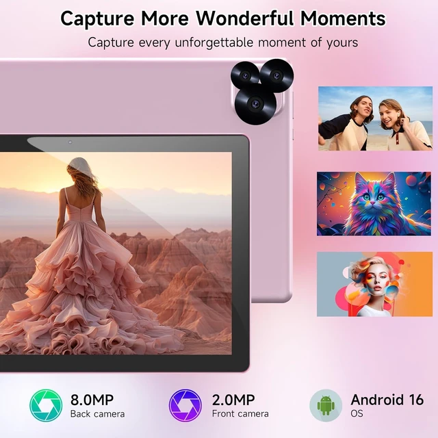 Alt view image 3 of 7 - 10" Android 16 2-in-1 Tablet 12GB RAM + 64GB ROM/1TB Expandable, 1280 * 800 HD Touch Screen, 5G WiFi6, BT 5.0, Keyboard Case Mouse Stylus (Pink)