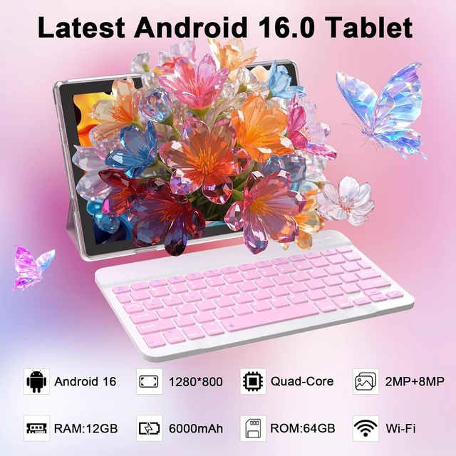 Alt view image 4 of 7 - 10" Android 16 2-in-1 Tablet 12GB RAM + 64GB ROM/1TB Expandable, 1280 * 800 HD Touch Screen, 5G WiFi6, BT 5.0, Keyboard Case Mouse Stylus (Pink)