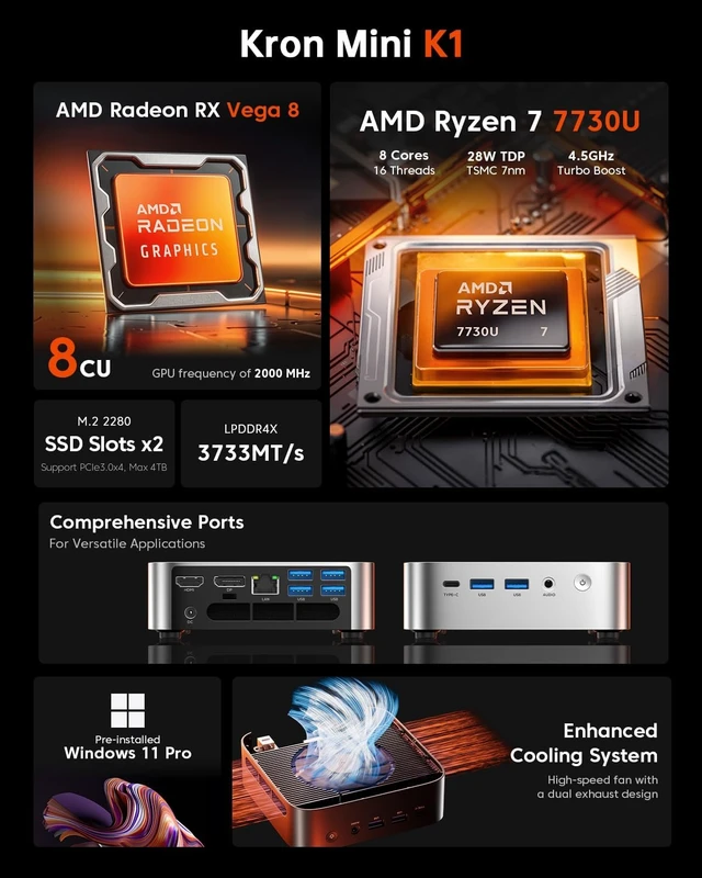 Alt view image 3 of 7 - K1 Mini PC Ryzen 7 7730U, 16GB RAM, 512GB SSD, Win 11 Pro