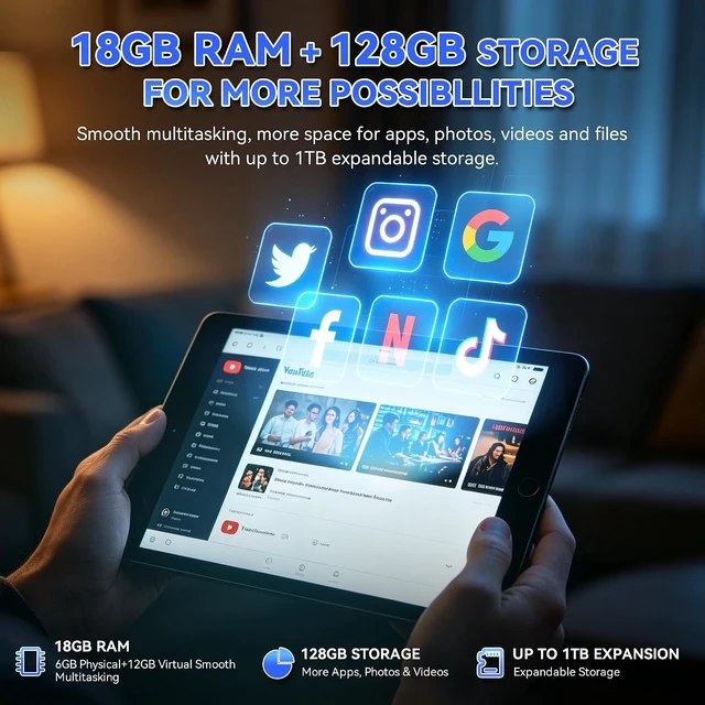 Alt view image 4 of 7 - 2026 10.1" Android 15 Tablet with Keyboard 18GB RAM, 128GB, WiFi (Black)