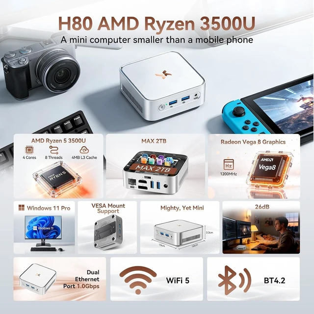 Alt view image 2 of 7 - 2026 H80 Mini PC Ryzen 5 3500U (Beats 4300U/3300U/N150/N95, Up to 3.7 GHz), 16GB RAM, 512GB SSD, Win-11 Pro, HDMI+DP+USB 3.24K@60Hz UHDWiFi+BTHome & Office (Silver)