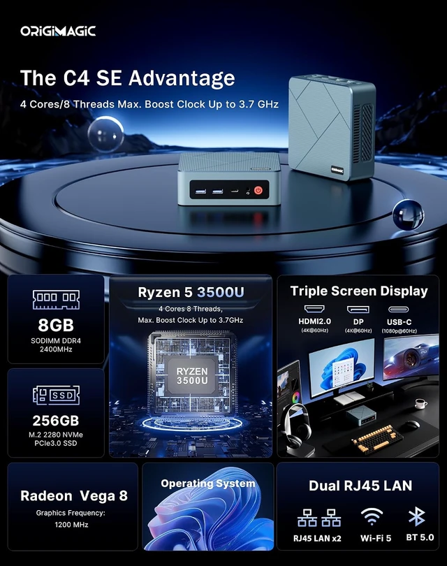 Alt view image 2 of 7 - C4 SE Mini PC Ryzen 5 3500U, 8GB DDR4, 256GB SSD, Triple Display, Dual Gigabit Ethernet, WiFi 5, Bluetooth 5.0, Upgradeable for Work, Study & Home Office