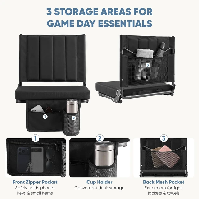 Alt view image 6 of 7 - 2-Pack Stadium Seats with Back Support Padded Bleacher Chairs (Black)