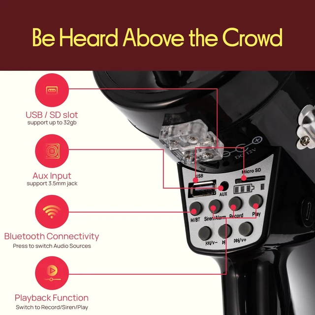 Alt view image 4 of 7 - 50W Portable Megaphone Bullhorn Bluetooth, USB/TF Card Reader, Type-C Rechargeable Battery, 260s Recording Siren, Handheld PA System for Events, Sports, Schools & Crowd Control