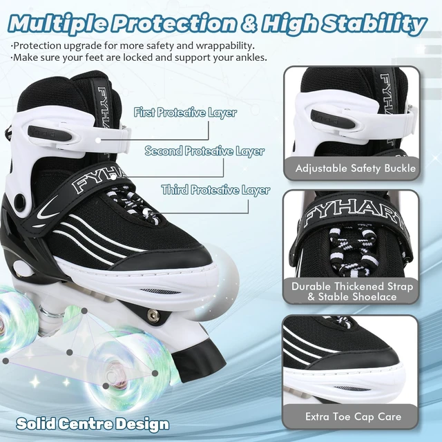 Alt view image 3 of 6 - Kids Quad Roller Skates for Girls & Boys Adjustable 4 Sizes for Beginners, Light-Up Wheels for Sports (Purple & White)