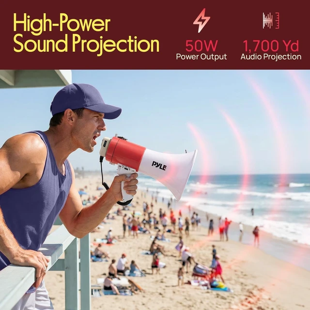 Alt view image 2 of 7 - 50W Portable Megaphone Bullhorn Speaker Alarm Siren, Volume up to 1700 Yards, Aux Input, USB/TF Playback, Lightweight for Indoor/Outdoor Sports & Emergency Drills