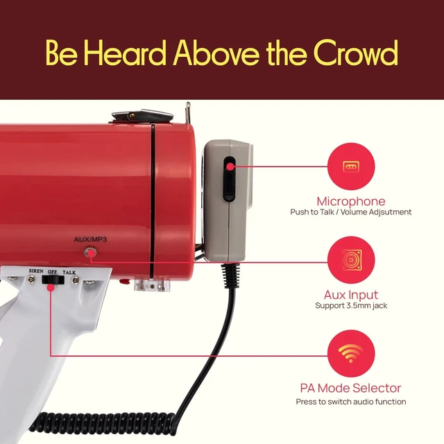 Alt view image 3 of 7 - 50W Portable Megaphone Bullhorn Speaker Alarm Siren, Volume up to 1700 Yards, Aux Input, USB/TF Playback, Lightweight for Indoor/Outdoor Sports & Emergency Drills