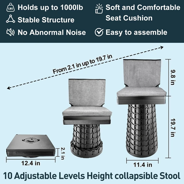Alt view image 2 of 7 - Upgraded Collapsible Stool with Backrest & Extra-Thick Cushion 1000 lbs Max Weight, Heavy-Duty Portable Folding Chair with Dual Storage Pockets, Telescoping Seat for Camping, Fishing & Travel