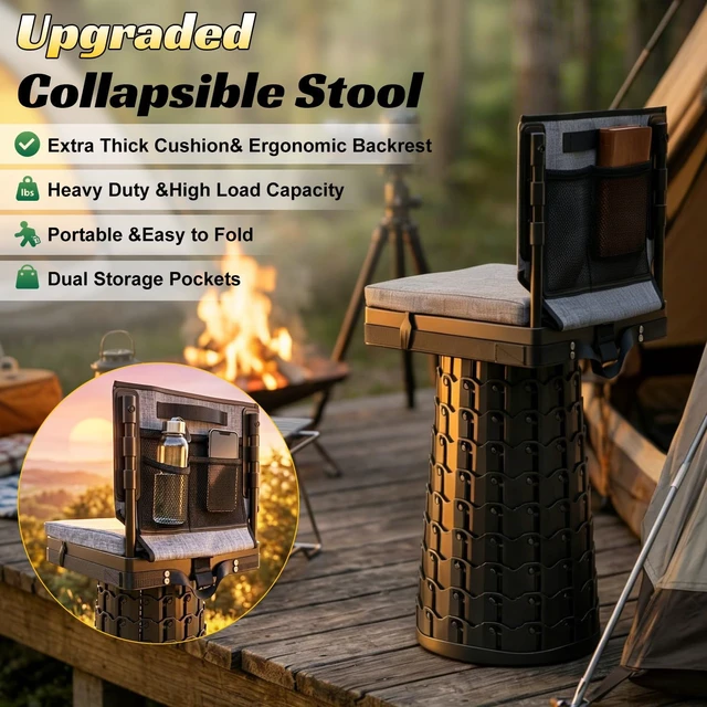 Alt view image 5 of 7 - Upgraded Collapsible Stool with Backrest & Extra-Thick Cushion 1000 lbs Max Weight, Heavy-Duty Portable Folding Chair with Dual Storage Pockets, Telescoping Seat for Camping, Fishing & Travel