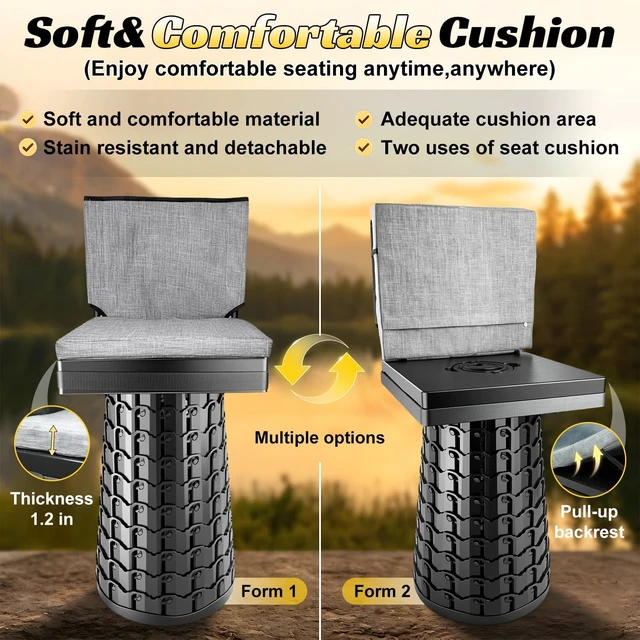 Alt view image 4 of 7 - Upgraded Collapsible Stool with Backrest & Extra-Thick Cushion 1000 lbs Max Weight, Heavy-Duty Portable Folding Chair with Dual Storage Pockets, Telescoping Seat for Camping, Fishing & Travel