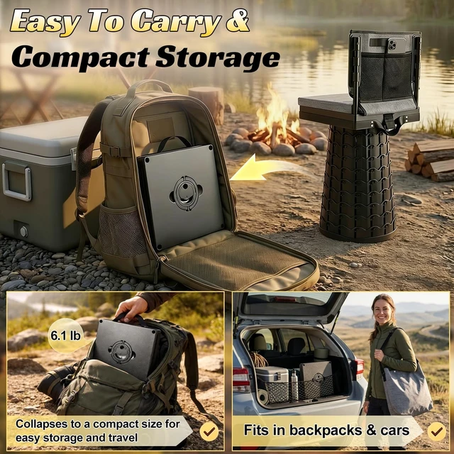 Alt view image 6 of 7 - Upgraded Collapsible Stool with Backrest & Extra-Thick Cushion 1000 lbs Max Weight, Heavy-Duty Portable Folding Chair with Dual Storage Pockets, Telescoping Seat for Camping, Fishing & Travel
