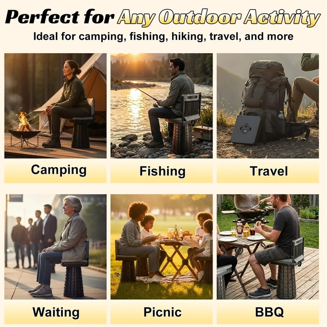 Alt view image 7 of 7 - Upgraded Collapsible Stool with Backrest & Extra-Thick Cushion 1000 lbs Max Weight, Heavy-Duty Portable Folding Chair with Dual Storage Pockets, Telescoping Seat for Camping, Fishing & Travel