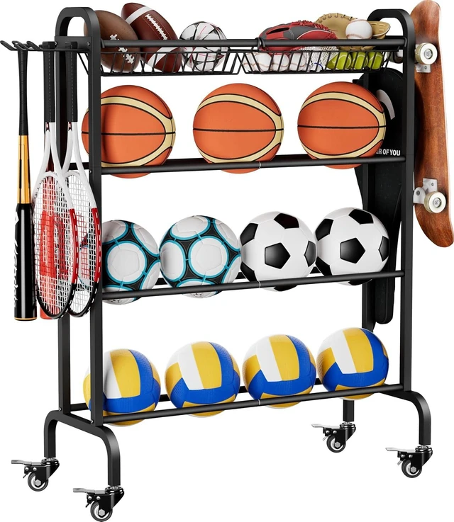 Main image of Ball Organizer with Wheels 4-Tier Basketball Storage Cart (Black)
