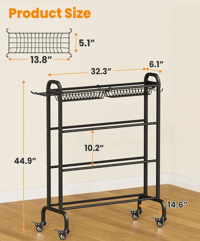 Alt view image 2 of 7 - Ball Organizer with Wheels 4-Tier Basketball Storage Cart (Black)