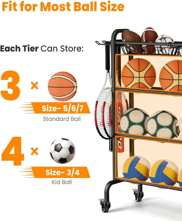 Alt view image 3 of 7 - Ball Organizer with Wheels 4-Tier Basketball Storage Cart (Black)
