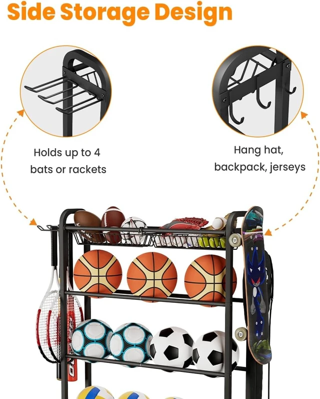 Alt view image 4 of 7 - Ball Organizer with Wheels 4-Tier Basketball Storage Cart (Black)