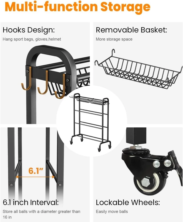 Alt view image 5 of 7 - Ball Organizer with Wheels 4-Tier Basketball Storage Cart (Black)