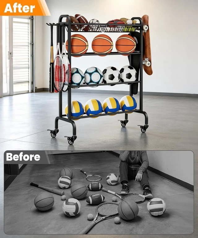 Alt view image 6 of 7 - Ball Organizer with Wheels 4-Tier Basketball Storage Cart (Black)