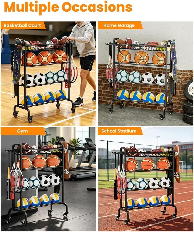 Alt view image 7 of 7 - Ball Organizer with Wheels 4-Tier Basketball Storage Cart (Black)