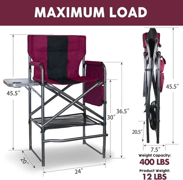 Alt view image 2 of 7 - 30" Tall Director's Chair with Side Table 400 lbs Bar-Height Folding Camping Chair with Cup Holder & Footrest, for Makeup Artists & Outdoor Events (Wine Red/Black)