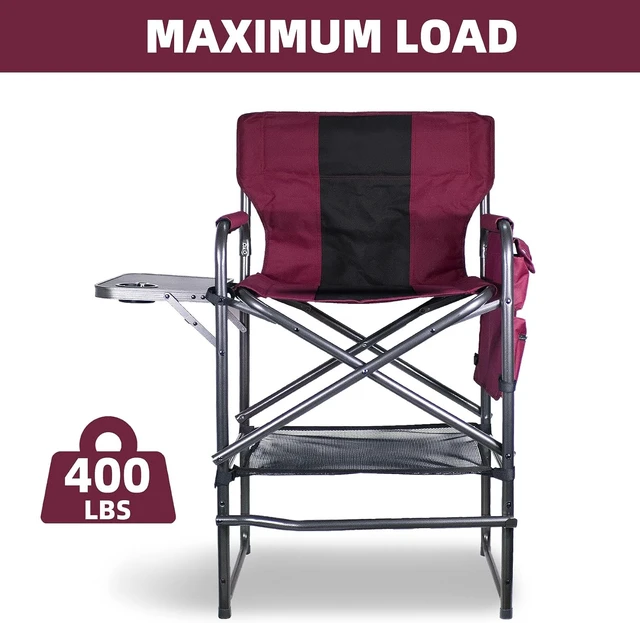 Alt view image 3 of 7 - 30" Tall Director's Chair with Side Table 400 lbs Bar-Height Folding Camping Chair with Cup Holder & Footrest, for Makeup Artists & Outdoor Events (Wine Red/Black)