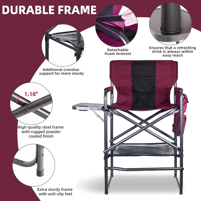 Alt view image 4 of 7 - 30" Tall Director's Chair with Side Table 400 lbs Bar-Height Folding Camping Chair with Cup Holder & Footrest, for Makeup Artists & Outdoor Events (Wine Red/Black)