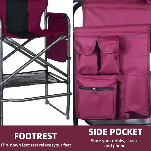 Alt view image 5 of 7 - 30" Tall Director's Chair with Side Table 400 lbs Bar-Height Folding Camping Chair with Cup Holder & Footrest, for Makeup Artists & Outdoor Events (Wine Red/Black)