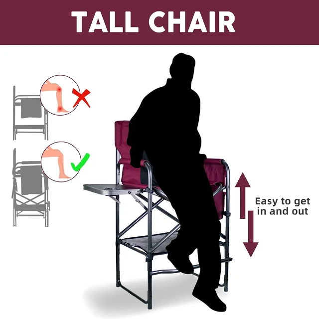 Alt view image 7 of 7 - 30" Tall Director's Chair with Side Table 400 lbs Bar-Height Folding Camping Chair with Cup Holder & Footrest, for Makeup Artists & Outdoor Events (Wine Red/Black)