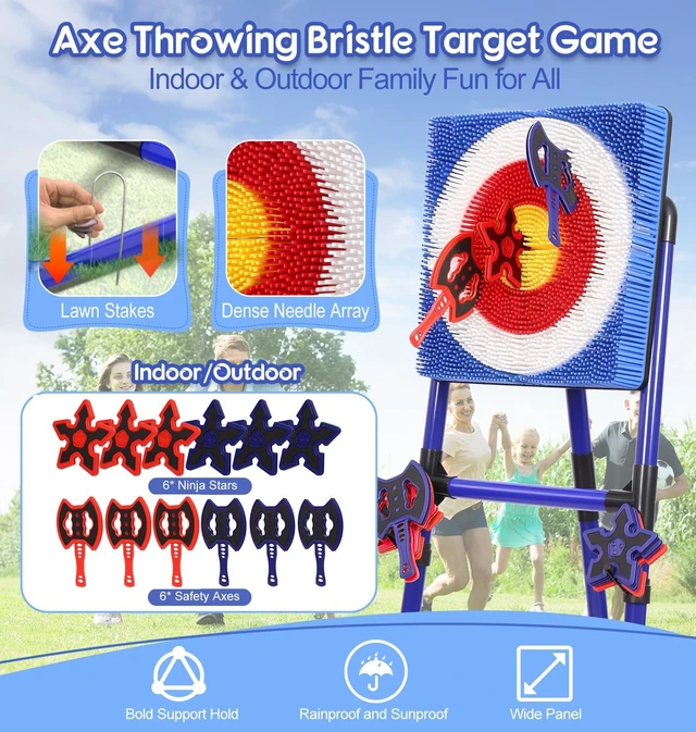 Alt view image 2 of 7 - Axe Throwing Game for Backyard Bristle Target Set with 6 Axes & 6 Darts, Portable Plastic Indoor/Outdoor Game for Adults & Kids, Carnival Yard Games