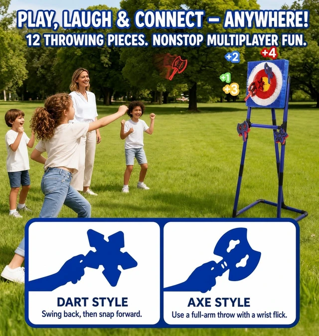 Alt view image 4 of 7 - Axe Throwing Game for Backyard Bristle Target Set with 6 Axes & 6 Darts, Portable Plastic Indoor/Outdoor Game for Adults & Kids, Carnival Yard Games