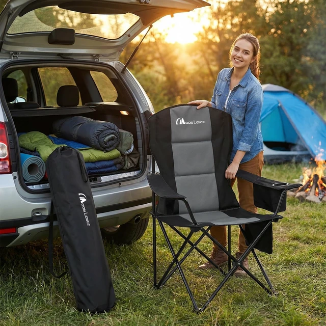 Alt view image 2 of 7 - Oversized Folding Camping Chairs Portable Heavy-Duty Outdoor Padded High-Back Chair with Cup Holder, Cooler Bag, Lumbar Support & Side Pocket for Beach, Lawn, Picnic, Backpacking, Fishing