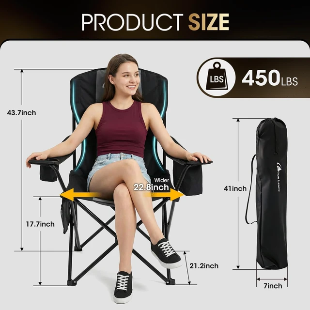 Alt view image 3 of 7 - Oversized Folding Camping Chairs Portable Heavy-Duty Outdoor Padded High-Back Chair with Cup Holder, Cooler Bag, Lumbar Support & Side Pocket for Beach, Lawn, Picnic, Backpacking, Fishing
