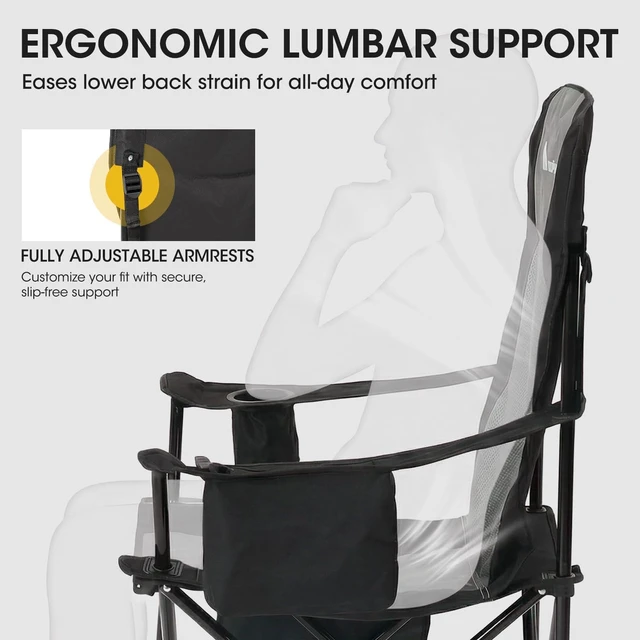 Alt view image 5 of 7 - Oversized Folding Camping Chairs Portable Heavy-Duty Outdoor Padded High-Back Chair with Cup Holder, Cooler Bag, Lumbar Support & Side Pocket for Beach, Lawn, Picnic, Backpacking, Fishing