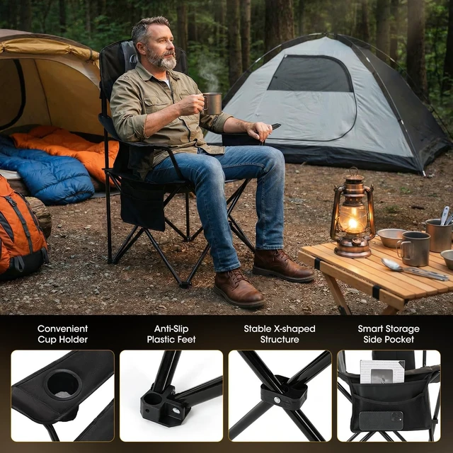 Alt view image 6 of 7 - Oversized Folding Camping Chairs Portable Heavy-Duty Outdoor Padded High-Back Chair with Cup Holder, Cooler Bag, Lumbar Support & Side Pocket for Beach, Lawn, Picnic, Backpacking, Fishing