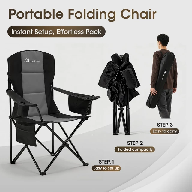 Alt view image 7 of 7 - Oversized Folding Camping Chairs Portable Heavy-Duty Outdoor Padded High-Back Chair with Cup Holder, Cooler Bag, Lumbar Support & Side Pocket for Beach, Lawn, Picnic, Backpacking, Fishing