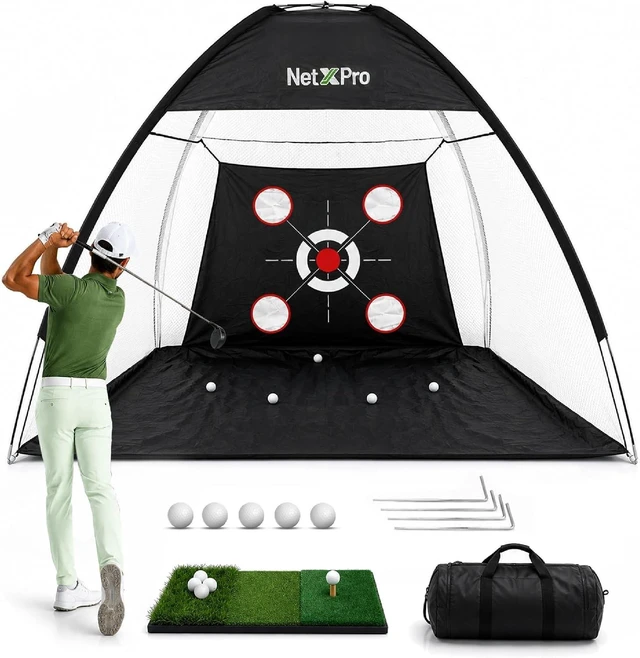 Main image of 10x7ft Golf Hitting Net for Backyard Practice Tri-Turf Mat, Multi-Target Zones, Carry Bag
