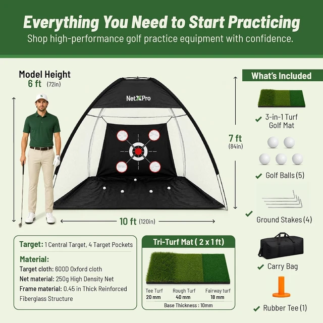 Alt view image 3 of 7 - 10x7ft Golf Hitting Net for Backyard Practice Tri-Turf Mat, Multi-Target Zones, Carry Bag