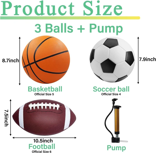 Alt view image 2 of 3 - 3-Piece Sports Balls Set Size 5 Basketball, Size 4 Soccer Ball, Size 6 Football & Pump, Perfect Sports Gift for Boys, Girls, Teens & Adults