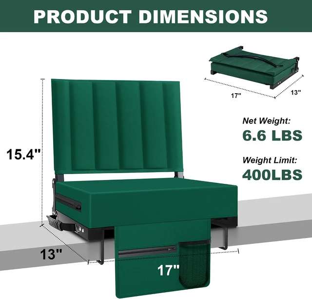 Alt view image 3 of 7 - Stadium Seat for Bleachers Back Support & Cushion, Shoulder Strap & Cup Holder, Padded Portable Folding Chair for Sports Events (Green, 1pcs)