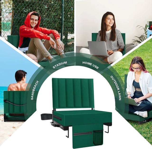 Alt view image 7 of 7 - Stadium Seat for Bleachers Back Support & Cushion, Shoulder Strap & Cup Holder, Padded Portable Folding Chair for Sports Events (Green, 1pcs)