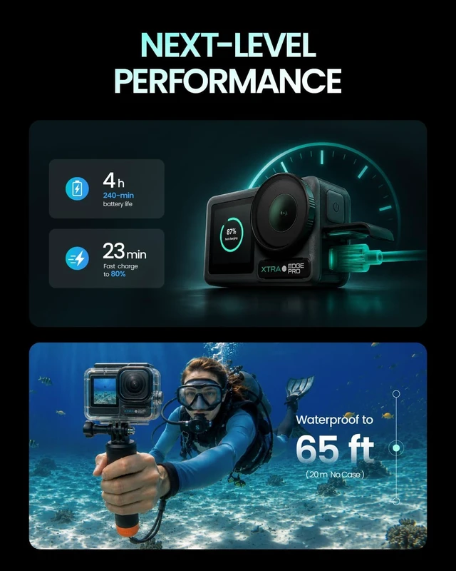 Alt view image 6 of 7 - Xtra Pro Dual Battery Bundle 1/1.3" Sensor, 65ft Waterproof, 216-Min Battery, 4K/120fps Night Video, Smart Tracking, 32x Slow Motion Outdoor Sports Vlogging Camera