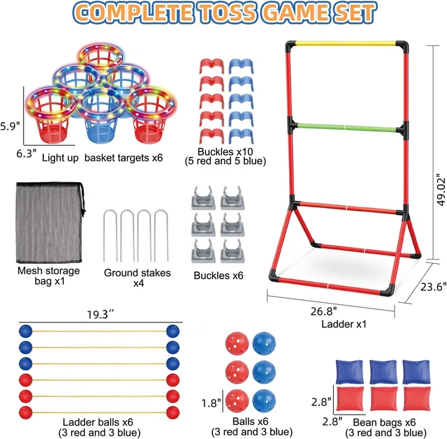 Alt view image 2 of 7 - 3-in-1 Backyard Lawn Games for Adults & Kids Yard Pong with 6 Light-Up Baskets, Ladder Ball & Bean Bag Toss, Outdoor Tailgate Game for Family Parties