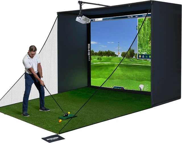 Main image of Complete Golf Simulator Enclosure Package 4K-Ready Impact Screen with Blackout Cage, Projector Mount, Frame Poles & Side Shank Nets