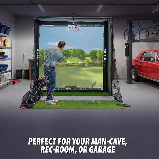 Alt view image 2 of 7 - Complete Golf Simulator Enclosure Package 4K-Ready Impact Screen with Blackout Cage, Projector Mount, Frame Poles & Side Shank Nets