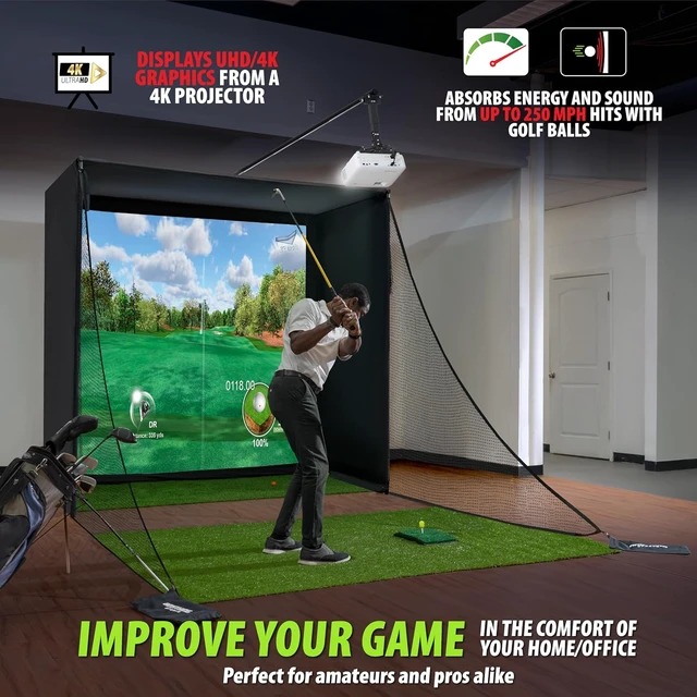 Alt view image 3 of 7 - Complete Golf Simulator Enclosure Package 4K-Ready Impact Screen with Blackout Cage, Projector Mount, Frame Poles & Side Shank Nets
